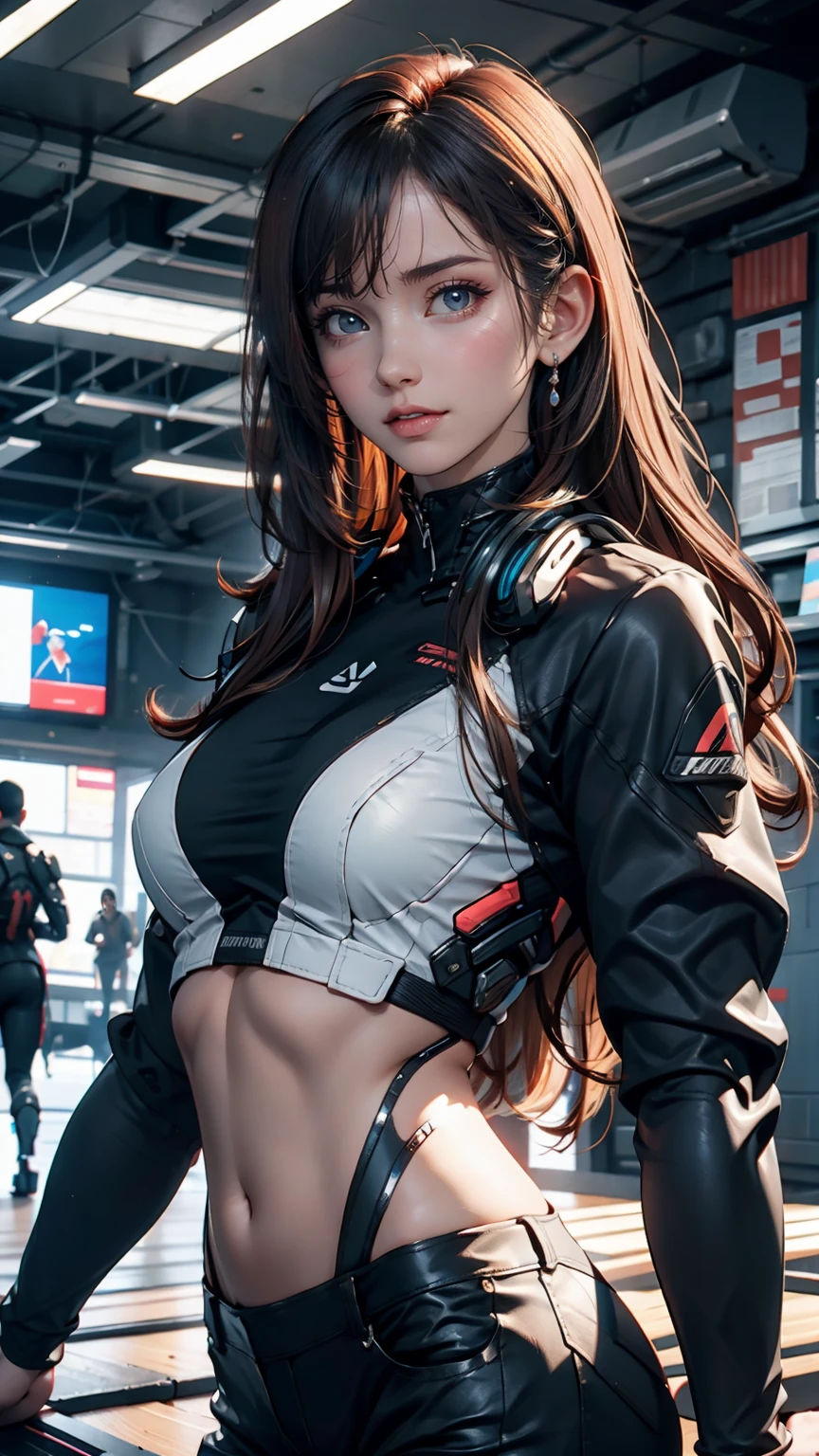 masterpiece , girl , Very long red hair , blue eyes , Slope , Perfect figure , ( Techwear:1.2) , cyber punk , future , Modern , in cyber punk city, Light Smile , Detailed face ,, , (8K, 最high quality 1.2), Super detailed, 8K Ultra HD,, Soft lighting, high quality, Film Grain, Beautiful lighting,, (Cinematic:1.4) ,Perfect body , Best lighting, Best Shadow, Sharpness, Contrast,