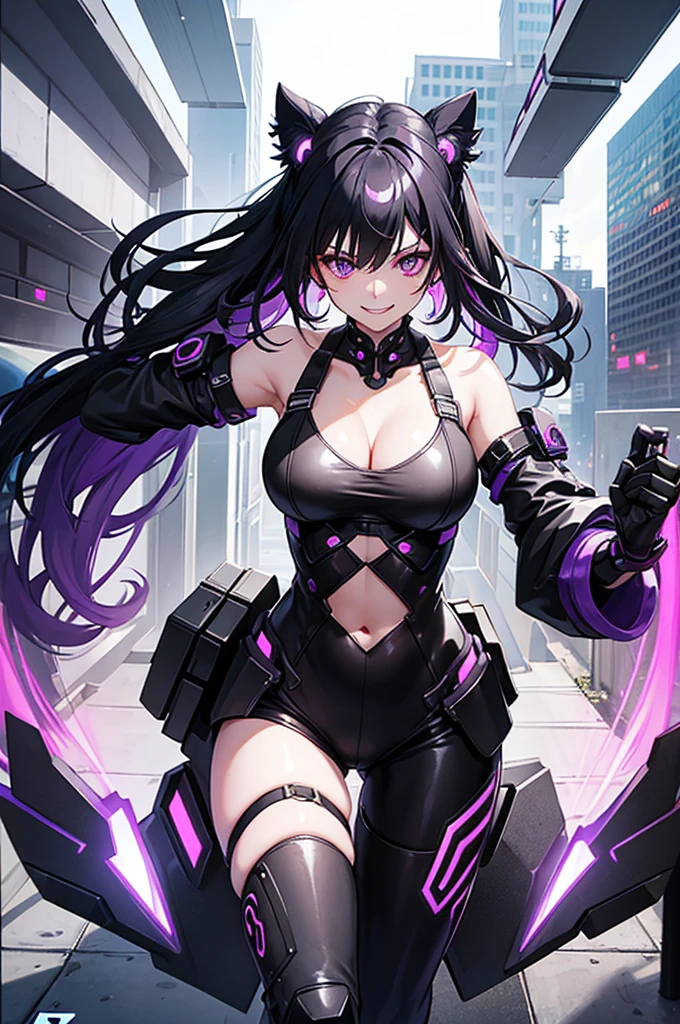 woman、Early 20s、cyber punk、Wicked Smile、Black Hair、Long Hair、Multicolored Hair、Purple Eyes、breast enhancement、sexy、Exposed breasts and genitals、Tight combat suit、R-18、Kung Fu、Fighting