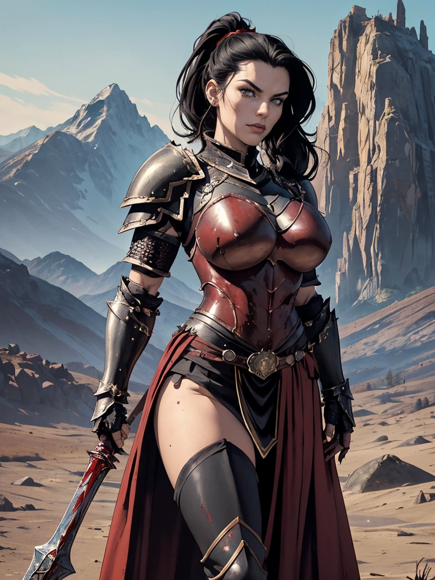 (masterpiece, top quality, best quality, official art, beautiful and aesthetic:1.2), (1girl:1.3), ((Sharp facial features, sharp features, hawkish features)), ((big hair, long black hair, ponytail)), big tiddy chaos warrior girl, extremely detailed, portrait, looking at viewer, solo, (full body:0.6), detailed background, full-body shot, (hot desert mountain theme:1.1), chaos warrior, (spiky helmet), charlatan, smirk, mysterious, swaying in mountains, armor, red metal, brass trim, long boots, dual axes, blood red fabric, pelvic curtain, loincloth, black leather, ((((armor, heavy armor, blood, armored, gigantic breasts, long legs, pelvic curtain, toned, muscular)))), cute belly button, toned tummy, slim waist, slim hips, long legs, medieval (mountain exterior:1.1) background, dark mysterious lighting, shadows, magical atmosphere, dutch angle