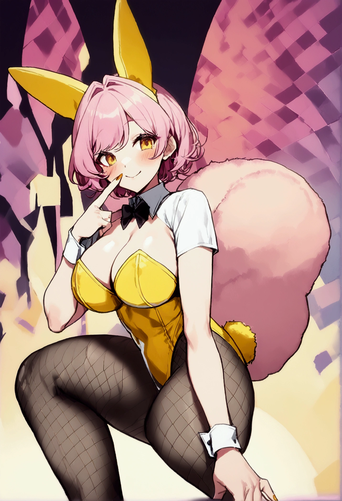 （（Highest quality，，masterpiece：1.3））， Sharp focus：1.2，Pretty woman with perfect figure：1.4，（（（（（Big cleavage））），（Incredibly large breasts：1.5），Straight hair、Hair blowing in the wind（Big Hips），smile，Thin abdominal muscles：1.2，((Pink Hair:1.4))，Highly deしっぽed face and skin texture，etailed Eyes，double eyelid、/ (Wear a white top over a black Playboy_Bunny Leotard:1.3), (Top and bottom separated clothing:1.2), (Short sleeve:1.1), ((Yellow Bunny Girl Costume:1.8)), (Black fishnet stockings:1.2), High heels, ((Rabbit&#39;s Tail:1.2, Bunny ears)), (Handsome Short Hair:1.3)
