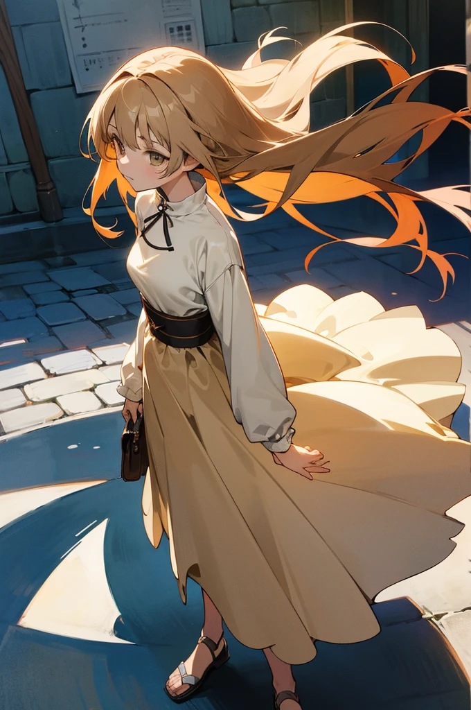 "1girl,	(anime coloring:1.2),	perfect_???????,	best quality,	anime scene,	cool beauty,	beautiful_hair,	Casual dress,	Loose fit,	Light brown color,	Knee-length dress,	Simple design,	Medieval town,"