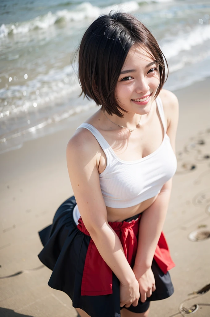 Top quality, 1 beautiful woman, super short Hair, wearing skirt, shy-smile, Sunlight, at beach,from above:1.3