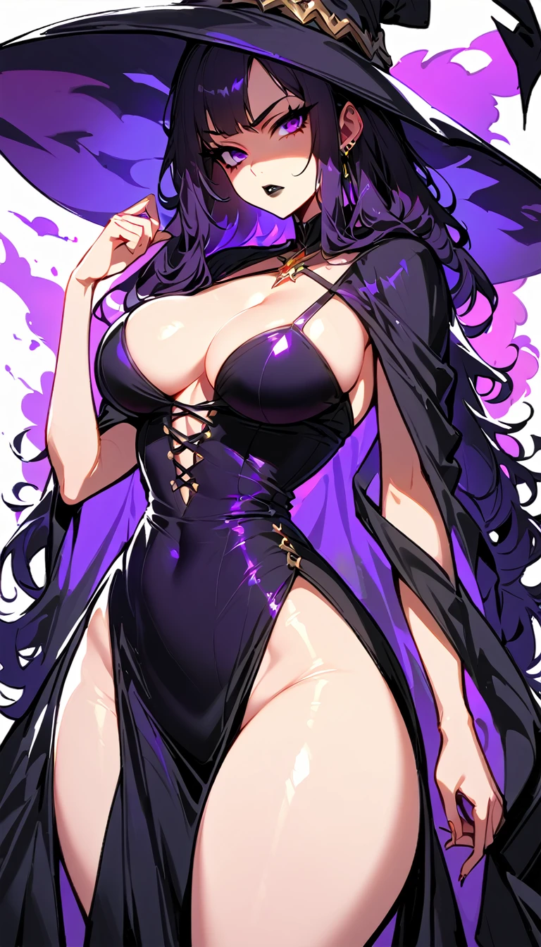 (high quality, 8k, 4K, high contrast, artwork:1.2, high quality, best aesthetics), (centered), ((1 woman)), erotic, sensual, mature body, super detailed, beautiful face detailed, beautiful eyes detailed, detailed beautiful mouth, perfect breats, perfect wide thighs, (long wavy dark purple hair), (dark purple eyes), (black lipstick), (serious expression), (piercing gaze), (looking at viewer), (black witch hat), (long black witch dress), (cleavage on breasts), (standing), (front view)