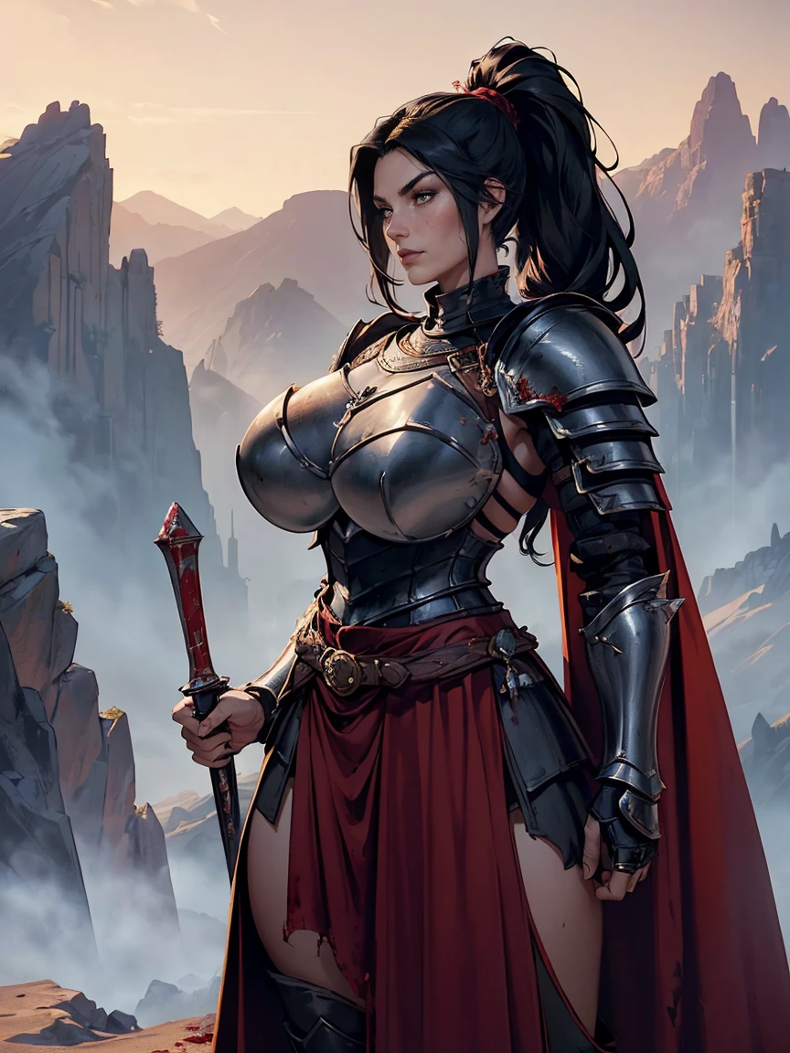 (masterpiece, top quality, best quality, official art, beautiful and aesthetic:1.2), (1girl:1.3), ((Sharp facial features, sharp features, hawkish features)), ((big hair, long black hair, ponytail)), big tiddy chaos warrior girl, extremely detailed, portrait, looking at viewer, solo, (full body:0.6), detailed background, full-body shot, (hot desert mountain theme:1.1), chaos warrior, (spiky helmet), charlatan, smirk, mysterious, swaying in mountains, armor, red metal, brass trim, long boots, dual axes, blood red fabric, pelvic curtain, loincloth, black leather, ((((armor, heavy armor, blood, armored, gigantic breasts, long legs, pelvic curtain, toned, muscular)))), cute belly button, toned tummy, slim waist, slim hips, long legs, medieval (mountain exterior:1.1) background, dark mysterious lighting, shadows, magical atmosphere, dutch angle