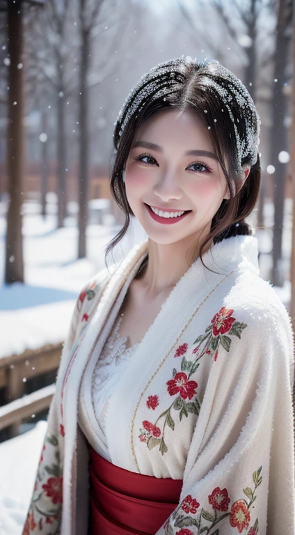 (realism), (Best image quality), (Ultra-high resolution), 8K, Original photo, (masterpiece), (from head to calf:1.5)、(Top quality details),1 Girl、Very detailed、High-quality texture、Intricate details、Very detailedCG、High Quality Shadows,Depth of written boundary、Ray Tracing,joy,please sit down,Lovely, thin and long, (Red glamorous kimono),(Plush Cape),(Beautiful floral kimono),Real Hair, Ultra-realistic skin texture, Dynamic pose,(Shallow smile),Japanese garden,(猛吹snow,covered with snow,snow,Outdoor),