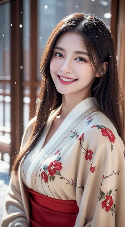 (realism), (Best image quality), (Ultra-high resolution), 8K, Original photo, (masterpiece), (from head to calf:1.5)、(Top quality details),1 Girl、Very detailed、High-quality texture、Intricate details、Very detailedCG、High Quality Shadows,Depth of written boundary、Ray Tracing,joy,please sit down,Lovely, thin and long, (Red glamorous kimono),(Plush Cape),(Beautiful floral kimono),Real Hair, Ultra-realistic skin texture, Dynamic pose,(Shallow smile),Japanese garden,(猛吹snow,covered with snow,snow,Outdoor),