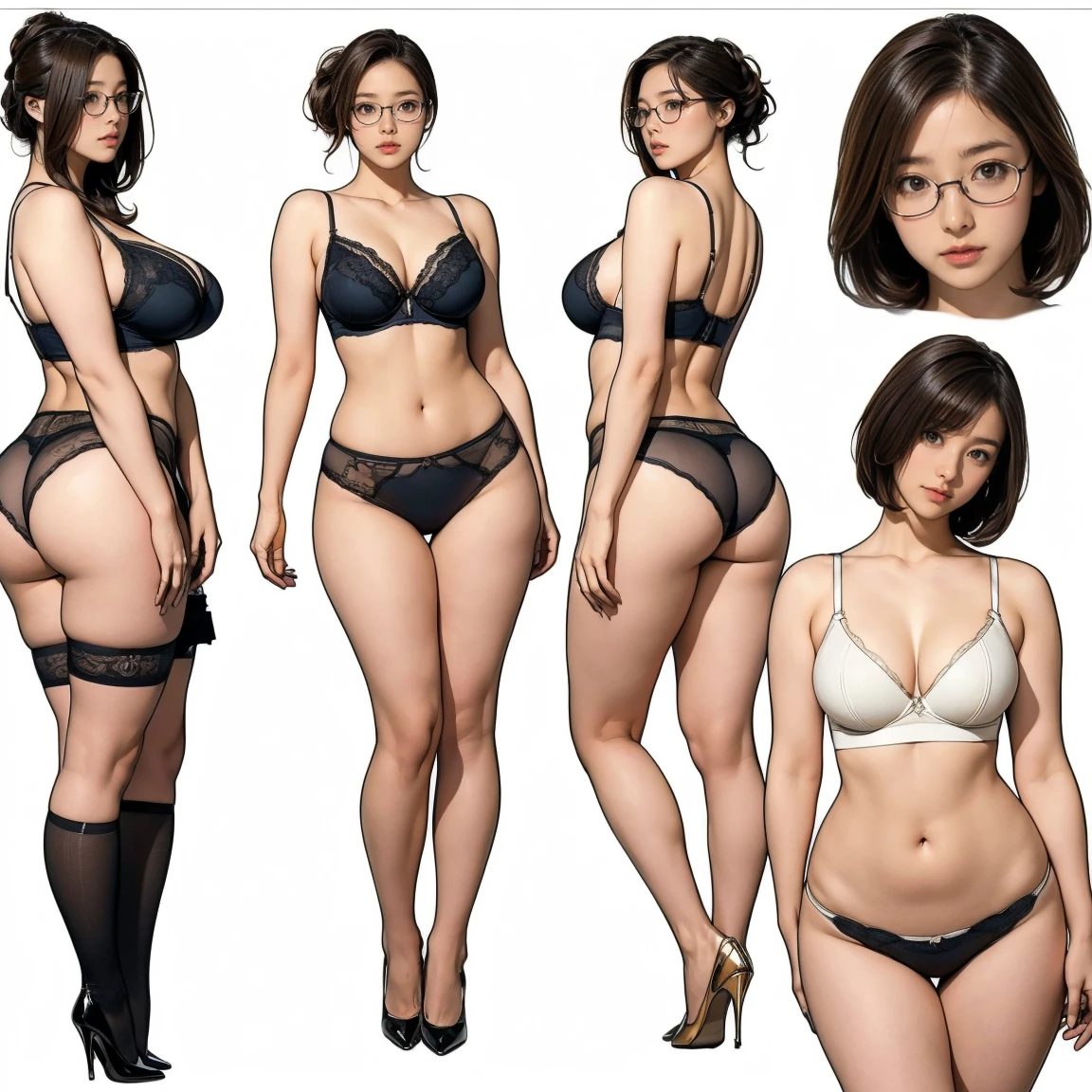 ((masterpiece)),(((highest quality))),((Reference Sheet, Character Design, in front, looking at the viewer , girl with glasses, girl in panties in a office~ ~ viendo al espectador, Mr..々Hairstyle, Mr..々Performance, Facial Expressions)), 30-year-old girl talking on cell phone (curvy:1.4), (normal ass:1.4), Realistic buttocks, Big Breasts, big , normal thighs, Long legs, It's not a big deal, ((High quality fabric, panties ,bra)), ((in panties:1.0)) in a office
