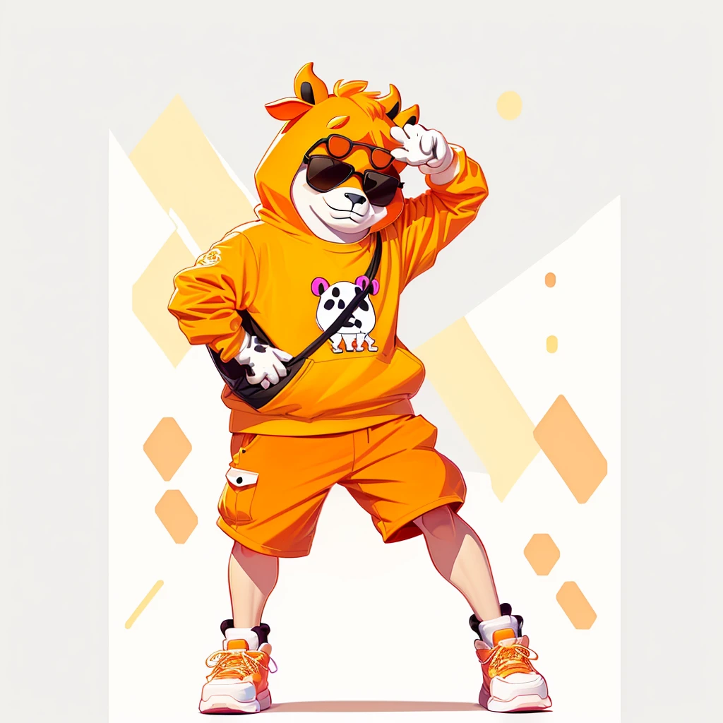 Wear a shirt、Wearing sunglasses、Cartoon cow with crossed arms, Full body mascot, ( cow wearing sunglasses, dancing character, Created using Adobe Illustrator, Teddy Fresh, Orange body, Created using Adobe Illustrator, Cartoon shading:15, Official Art, Merge roles, an anthropomorphic deer, Official illustrations, Full body clothing, posture