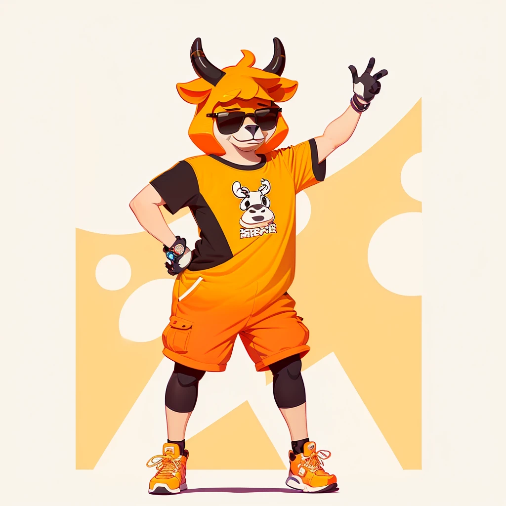Wear a shirt、Wearing sunglasses、Cartoon cow with crossed arms, Full body mascot, ( cow wearing sunglasses, dancing character, Created using Adobe Illustrator, Teddy Fresh, Orange body, Created using Adobe Illustrator, Cartoon shading:15, Official Art, Merge roles, an anthropomorphic deer, Official illustrations, Full body clothing, posture