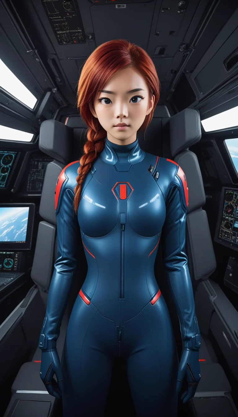 1 Girl、Medium Bust、solo、red Hair、Braid、Mobile Race Suit、Shoulder Armor、ceiling、Wide Shot、Looking Ahead、zipup suit 、Closed Mouth、Highest quality、medium quality、22 years old、Mobile Trace System、cockpit、Asian、
