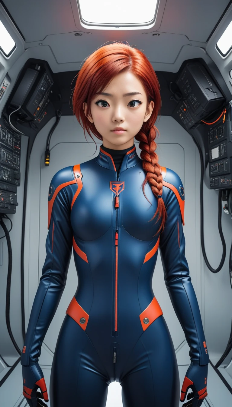 1 Girl、Medium Bust、solo、red Hair、Braid、Mobile Race Suit、Shoulder Armor、ceiling、Wide Shot、Looking Ahead、zipup suit 、Closed Mouth、Highest quality、medium quality、22 years old、Mobile Trace System、cockpit、Asian、