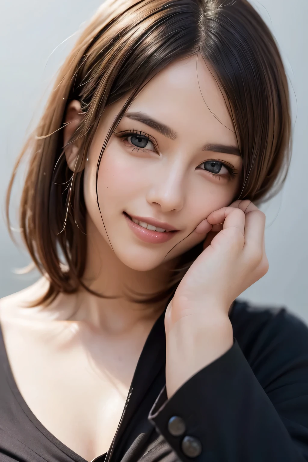 ((masterpiece)), ((Highest quality)), ((Complex)), ((Surreal)), (Realistic), (Mature Woman), ((There are no classes)), Very detailed, (1 female), Beautiful and exquisite, (Beautiful Teeth), Grin, Brunette Bob Hair, Brown eyes, ((blouse)), (Upper Body), (background:none), Perfect Eyes, Captivating eyes, Looking at the audience