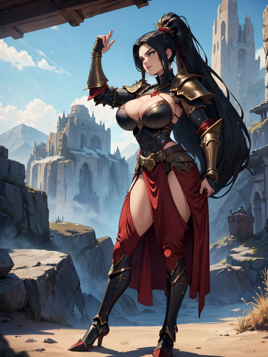 (masterpiece, top quality, best quality, official art, beautiful and aesthetic:1.2), (1girl:1.3), ((Sharp facial features, sharp features, hawkish features)), ((big hair, long black hair, ponytail)), big tiddy chaos warrior girl, extremely detailed, portrait, looking at viewer, solo, (full body:0.6), detailed background, full-body shot, (hot desert mountain theme:1.1), chaos warrior, (spiky helmet), charlatan, smirk, mysterious, swaying in mountains, armor, red metal, brass trim, long boots, dual axes, blood red fabric, pelvic curtain, loincloth, black leather, ((((armor, heavy armor, blood, armored, gigantic breasts, long legs, pelvic curtain, toned, muscular)))), cute belly button, toned tummy, slim waist, slim hips, long legs, medieval (mountain exterior:1.1) background, dark mysterious lighting, shadows, magical atmosphere, dutch angle