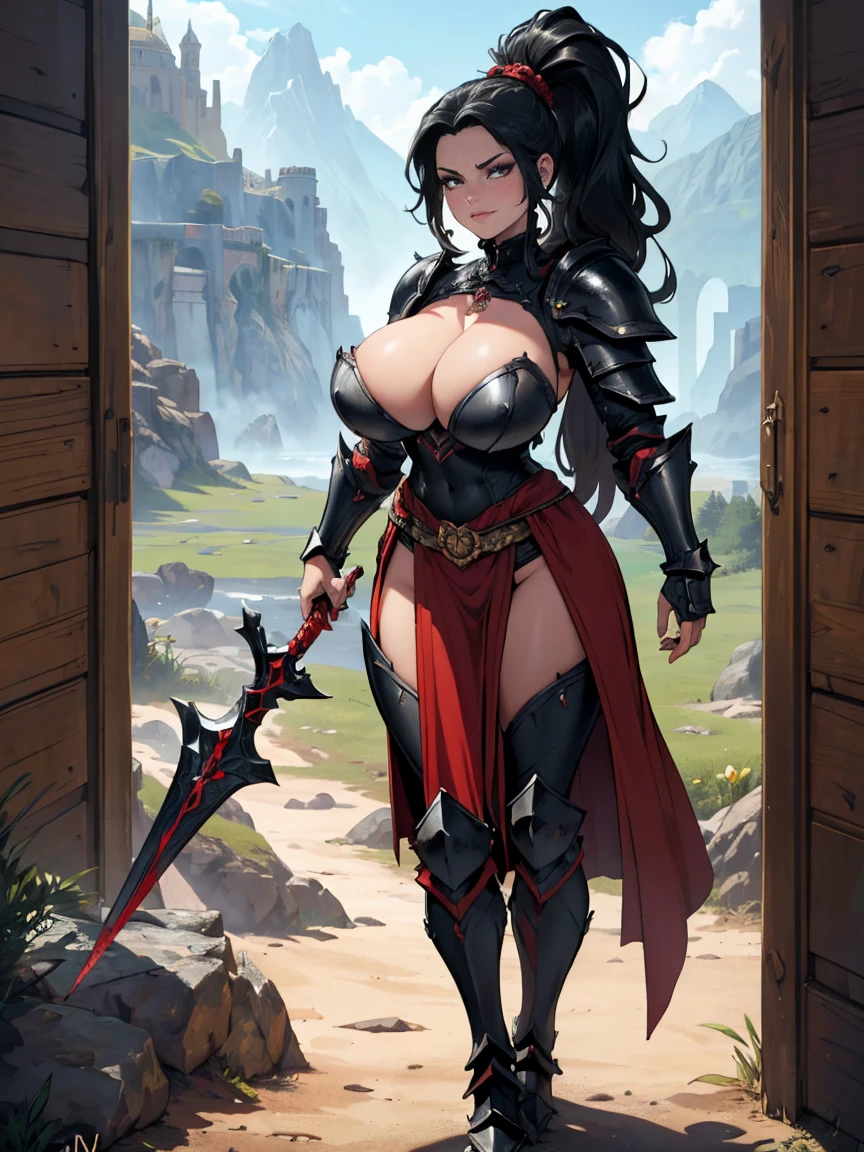 (masterpiece, top quality, best quality, official art, beautiful and aesthetic:1.2), (1girl:1.3), ((Sharp facial features, sharp features, hawkish features)), ((big hair, long black hair, ponytail)), big tiddy chaos warrior girl, extremely detailed, portrait, looking at viewer, solo, (full body:0.6), detailed background, full-body shot, (hot desert mountain theme:1.1), chaos warrior, (spiky helmet), charlatan, smirk, mysterious, swaying in mountains, armor, red metal, brass trim, long boots, dual axes, blood red fabric, pelvic curtain, loincloth, black leather, ((((armor, heavy armor, blood, armored, gigantic breasts, long legs, pelvic curtain, toned, muscular)))), cute belly button, toned tummy, slim waist, slim hips, long legs, medieval (mountain exterior:1.1) background, dark mysterious lighting, shadows, magical atmosphere, dutch angle