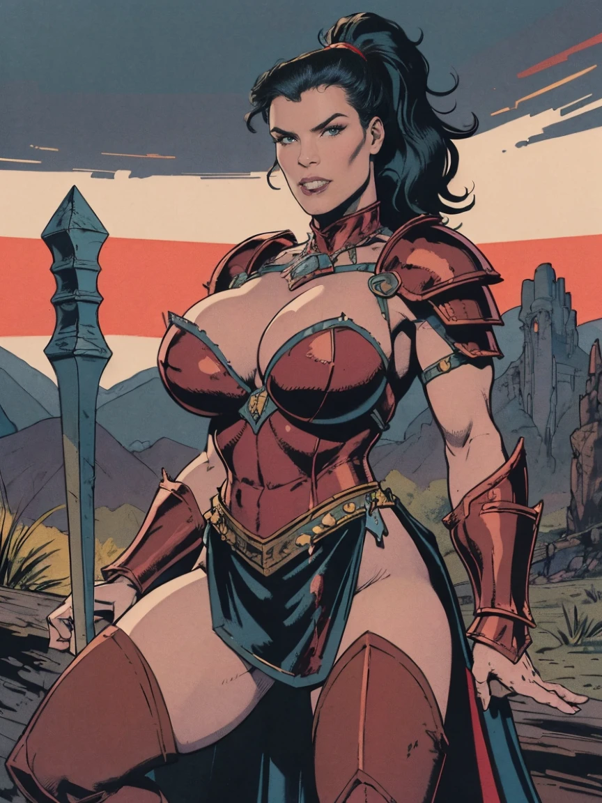 (masterpiece, top quality, best quality, official art, beautiful and aesthetic:1.2), (1girl:1.3), ((Sharp facial features, sharp features, hawkish features)), ((big hair, long black hair, ponytail)), big tiddy chaos warrior girl, extremely detailed, portrait, looking at viewer, solo, (full body:0.6), detailed background, full-body shot, (hot desert mountain theme:1.1), chaos warrior, (spiky helmet), charlatan, smirk, mysterious, swaying in mountains, armor, red metal, brass trim, long boots, dual axes, blood red fabric, pelvic curtain, loincloth, black leather, ((((armor, heavy armor, blood, armored, gigantic breasts, long legs, pelvic curtain, toned, muscular)))), cute belly button, toned tummy, slim waist, slim hips, long legs, medieval (mountain exterior:1.1) background, dark mysterious lighting, shadows, magical atmosphere, dutch angle