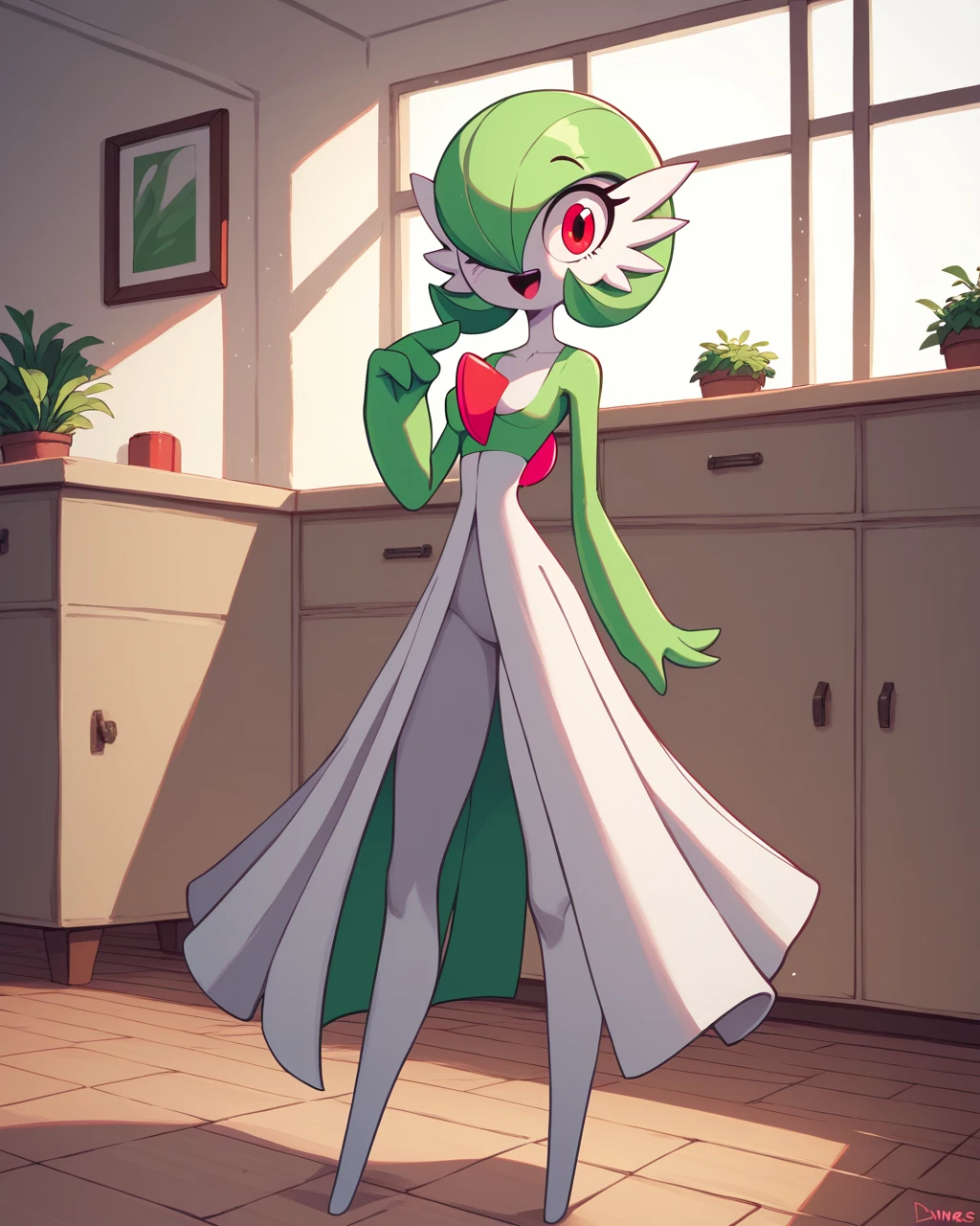 score_9, score_8_up, 1girl, gardevoir, happy, full body, indoors, human proportions, looking at viewer, by diives,