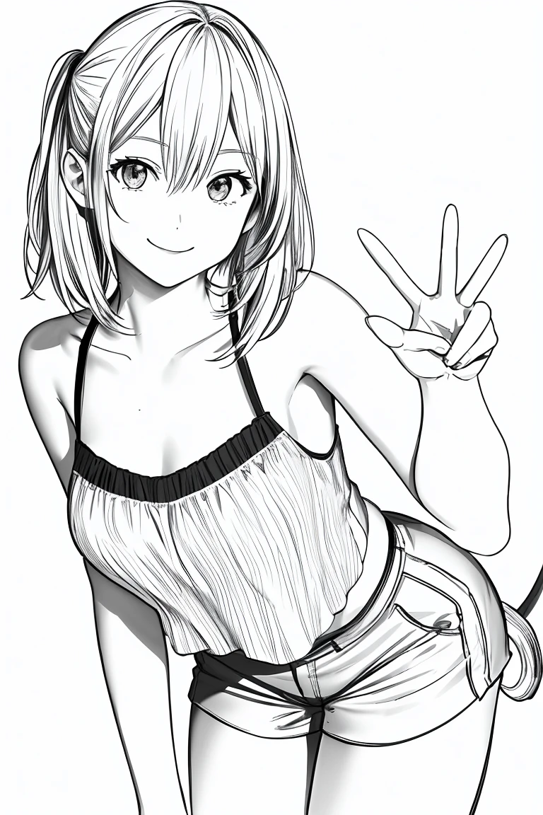 masterpiece,, One girl, alone, short, White Background, Monochrome, Line art, ((sketch))、Facing forward、Wearing a camisole、smile、Making a peace sign、Side Tail Hair