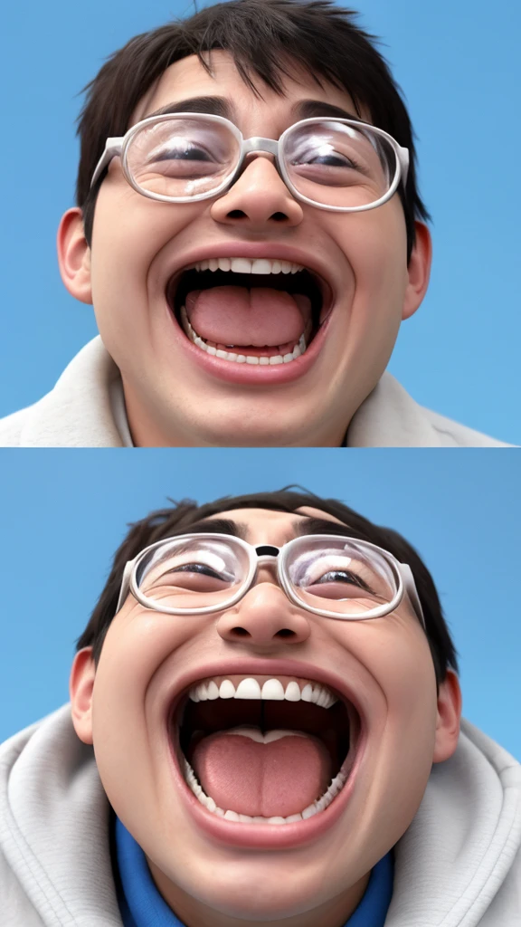 a cartoon boy with glasses and a white coat is screaming on a blue background 3d illustration royalty illustration, excited expression, 3 d cartoon, animation character, cute cartoon character, laughing hysterically, laughing, some are crying of joy, he is screaming, 3d animated, 3 d animated, cute 3 d render, he is very happy, accurate depiction, excited
