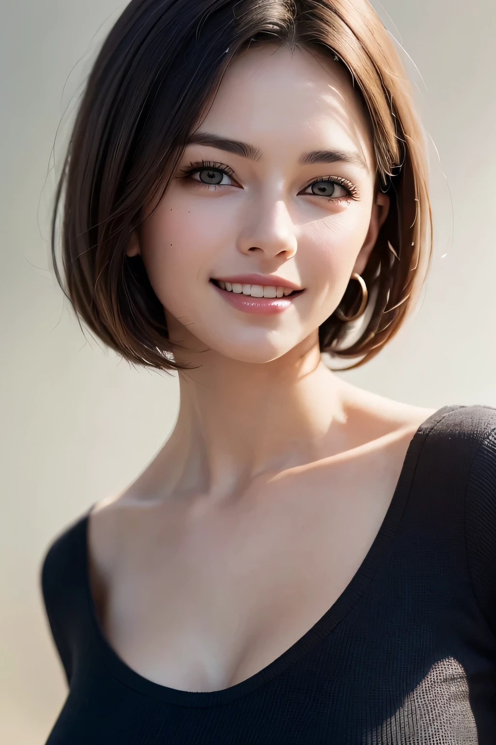 ((masterpiece)), ((Highest quality)), ((Complex)), ((Surreal)), (Realistic), (Mature Woman), ((There are no classes)), Very detailed, (1 female), Beautiful and exquisite, (Beautiful Teeth), Grin, Brunette Bob Hair, Brown eyes, ((blouse)), (Upper Body), (background:none), Perfect Eyes, Captivating eyes, Looking at the audience