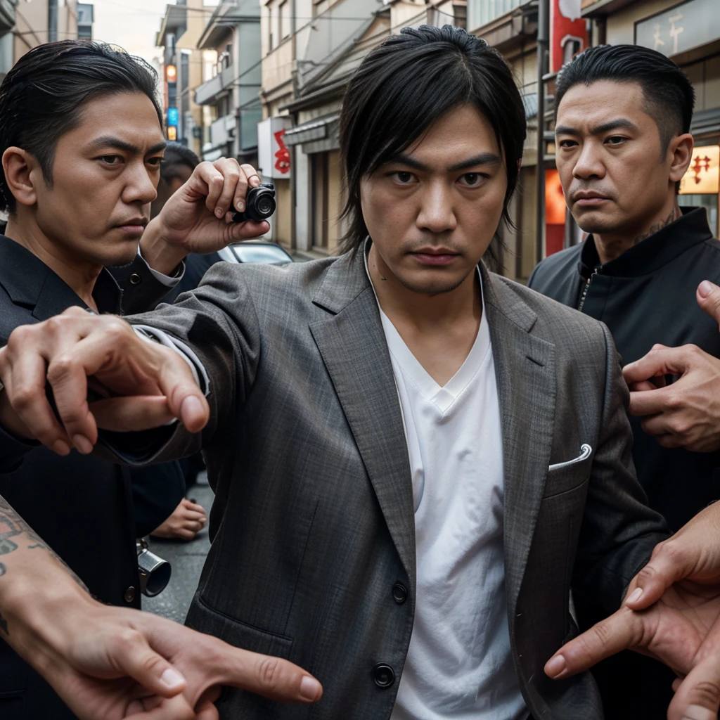 close-up image of a yakuza pointing a gun, his face is very angry, behind the yakuza there are his men lined up, the background is a small street on the edge of town