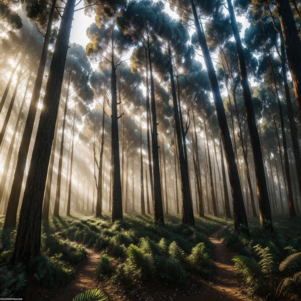 a lush eucalyptus forest, countless eucalyptus trees, view from a person's perspective, dark background forming the word "RASO", realistic, photorealistic, 8k, extremely detailed, masterpiece, vibrant colors, warm lighting, cinematic composition, dramatic shadows, volumetric fog, mystical atmosphere, surreal elements