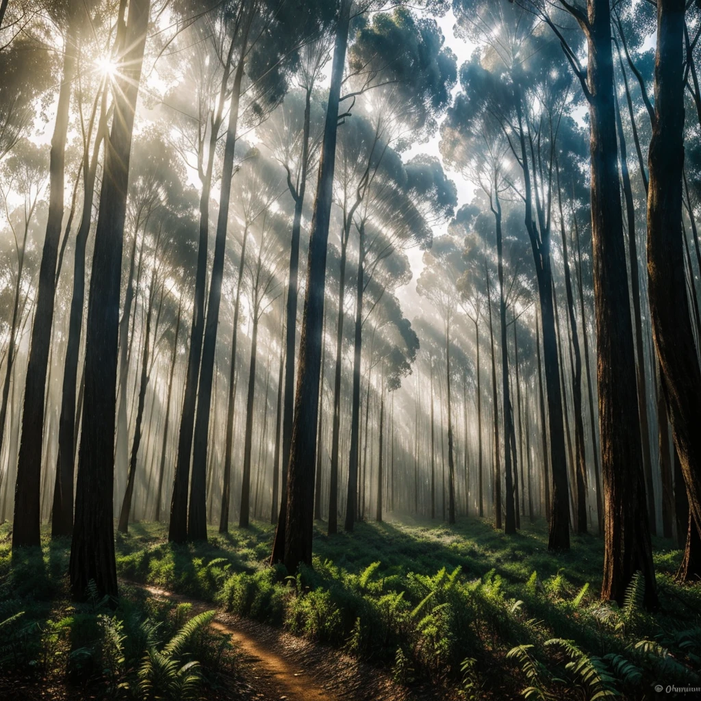 a lush eucalyptus forest, countless eucalyptus trees, view from a person's perspective, dark background forming the word "RASO", realistic, photorealistic, 8k, extremely detailed, masterpiece, vibrant colors, warm lighting, cinematic composition, dramatic shadows, volumetric fog, mystical atmosphere, surreal elements