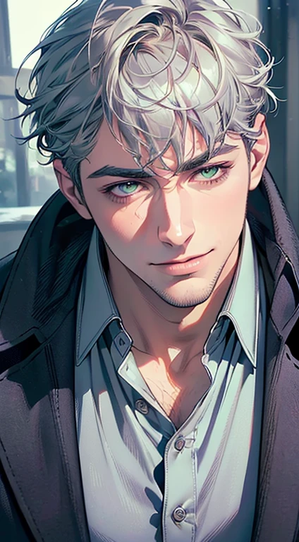 (best quality,4k,8k,highres,masterpiece:1.2),ultra-detailed,(realistic,photorealistic,photo-realistic:1.37),cinematic lighting,1:4 hdr image,a mature man, 29 years old,very handsome,cold expression smile in love, short grey blue hair, green eyes,flawless face,buttoning his jacket,CEO