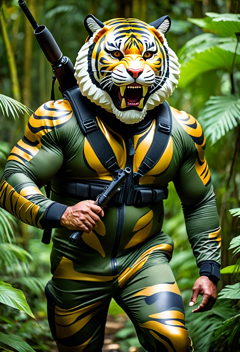 (a dark-skinned bearded fat muscular old man in a bulky army camouflage zipper diver suit), and (wearing realistic roaring tiger mask), wearing army boots, crouching in a jungle and shooting sniper rifle, muscular physique, imposing stature, toned muscles, Bruce Onobrakpeya, sumatraism, stanley artgermm, action, heroic, fierce, snarling
