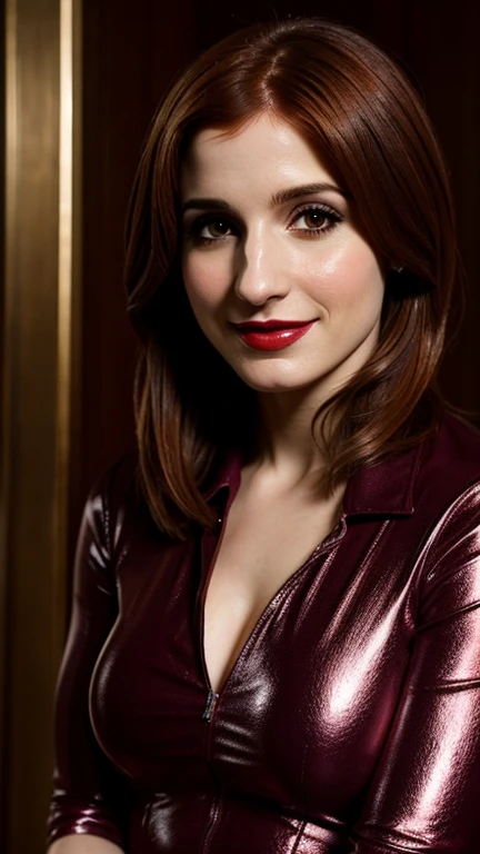 Aya Cash dressed in tight and sensual clothes with painted lips and smiling