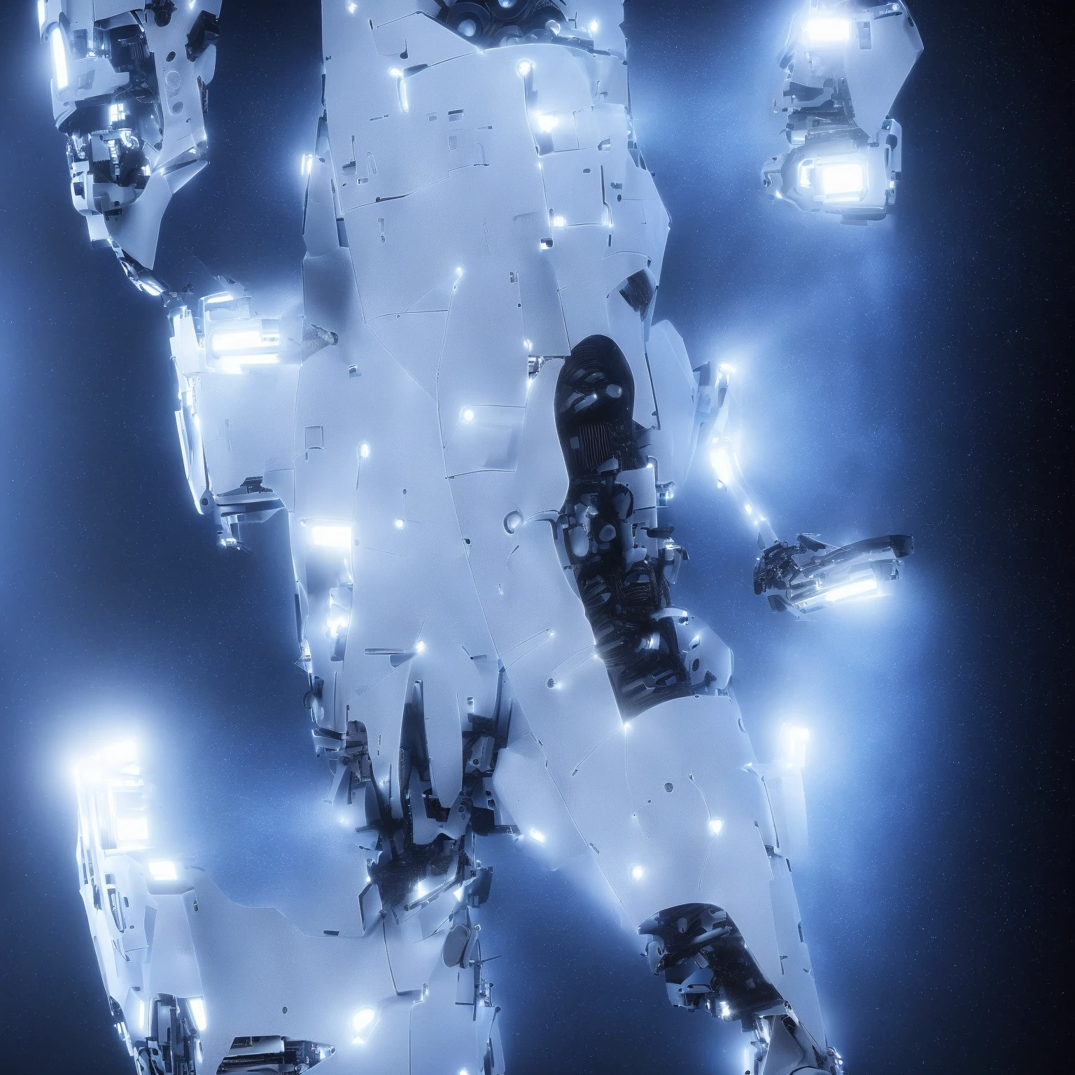 master piece, 8k detail, android, cyborg in disrepair, white android with interlocking thin parts and glowing LED lights, small dark computer components can be seen inside, Android is white