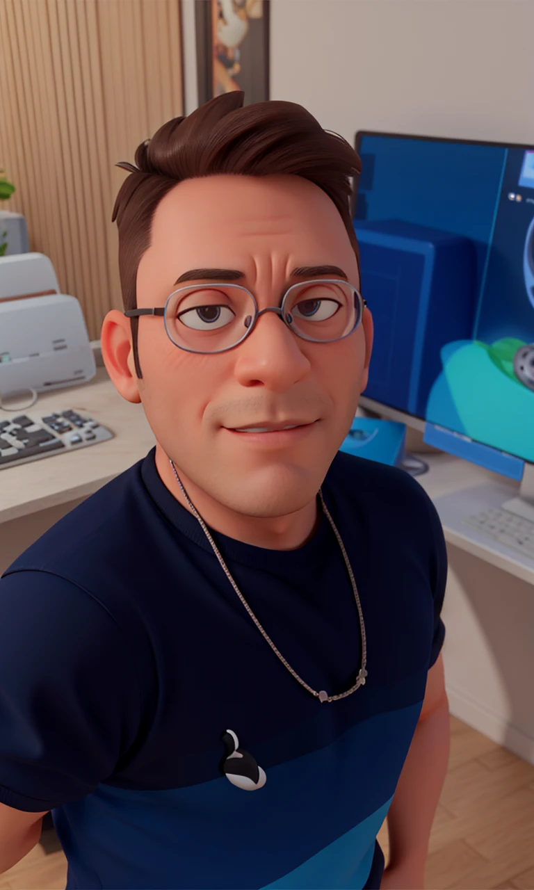 Cartoon character of a man with black glasses and a white shirt, computador no fundo, cavanhaque curto, animation character, Caractere estilizado, animation style rendering, 3D estilizado, Arnold Maya render, 3 d render stylized, toon render keyshot, Personagem 3D, Personagem 3D, 3d rendering stylized, 3 d character render, personagem de desenho animado, Personagem de close up, Pose de personagem,  (Estilo Pixar) (master part:1.2) (Bokeh) (best quality) (pele detalhada) (textura detalhada) (8k) (argila) (Cinematic lighting) (foco nítido