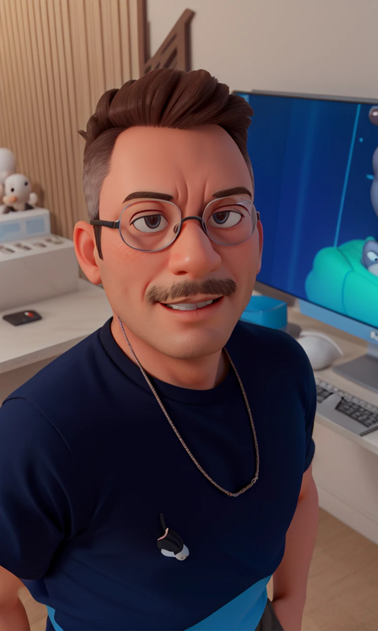 Cartoon character of a man with black glasses and a white shirt, computador no fundo, cavanhaque curto, animation character, Caractere estilizado, animation style rendering, 3D estilizado, Arnold Maya render, 3 d render stylized, toon render keyshot, Personagem 3D, Personagem 3D, 3d rendering stylized, 3 d character render, personagem de desenho animado, Personagem de close up, Pose de personagem, (Estilo Pixar) (master part:1.2) (Bokeh) (best quality) (pele detalhada) (textura detalhada) (8k) (argila) (Cinematic lighting) (foco nítido