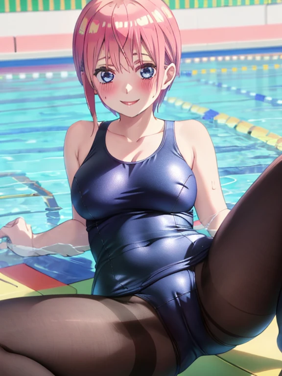 best quality, insanely detailed, ichika nakano, one-piece swimsuit, breasts, blush, swimming pool background, smile, pantyhose, open legs, pussy