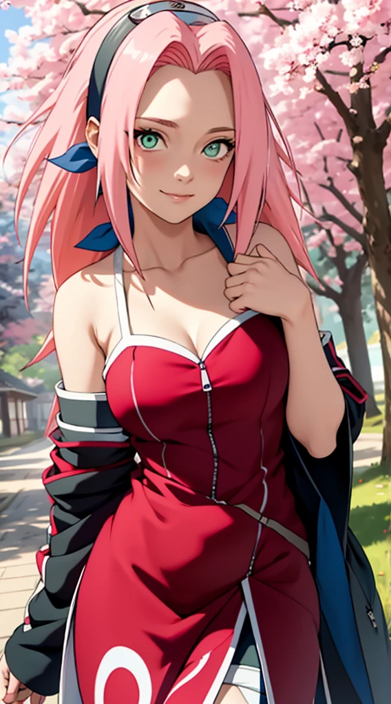 tmasterpiece, Best quality at best, 1girll, Sakura Haruno, Large breasts,Off-the-shoulder attire,(cleavage),(upperbody closeup),Raised sexy,is shy,ssmile,with pink hair, long whitr hair, (Green eyeballs:1.4), Forehead protection, the cherry trees,Cherry blossoms flying,Red clothes,Zipper half
