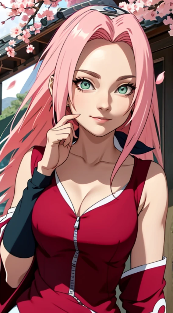 tmasterpiece, Best quality at best, 1girll, Sakura Haruno, Large breasts,Off-the-shoulder attire,(cleavage),(upperbody closeup),Raised sexy,is shy,ssmile,with pink hair, long whitr hair, (Green eyeballs:1.4), Forehead protection, the cherry trees,Cherry blossoms flying,Red clothes,Zipper half