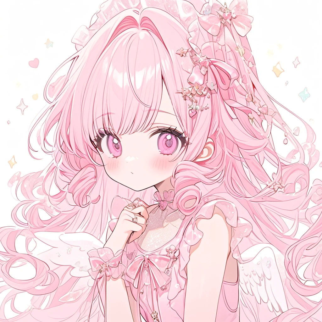 pastel pink Angel, pastel pink ribbon, pastel pink angel ring,pastel pink one-piece,pastel pink and angel wings, cute white background ,pastel pink long Curl hair,glitter pastel pink eyes