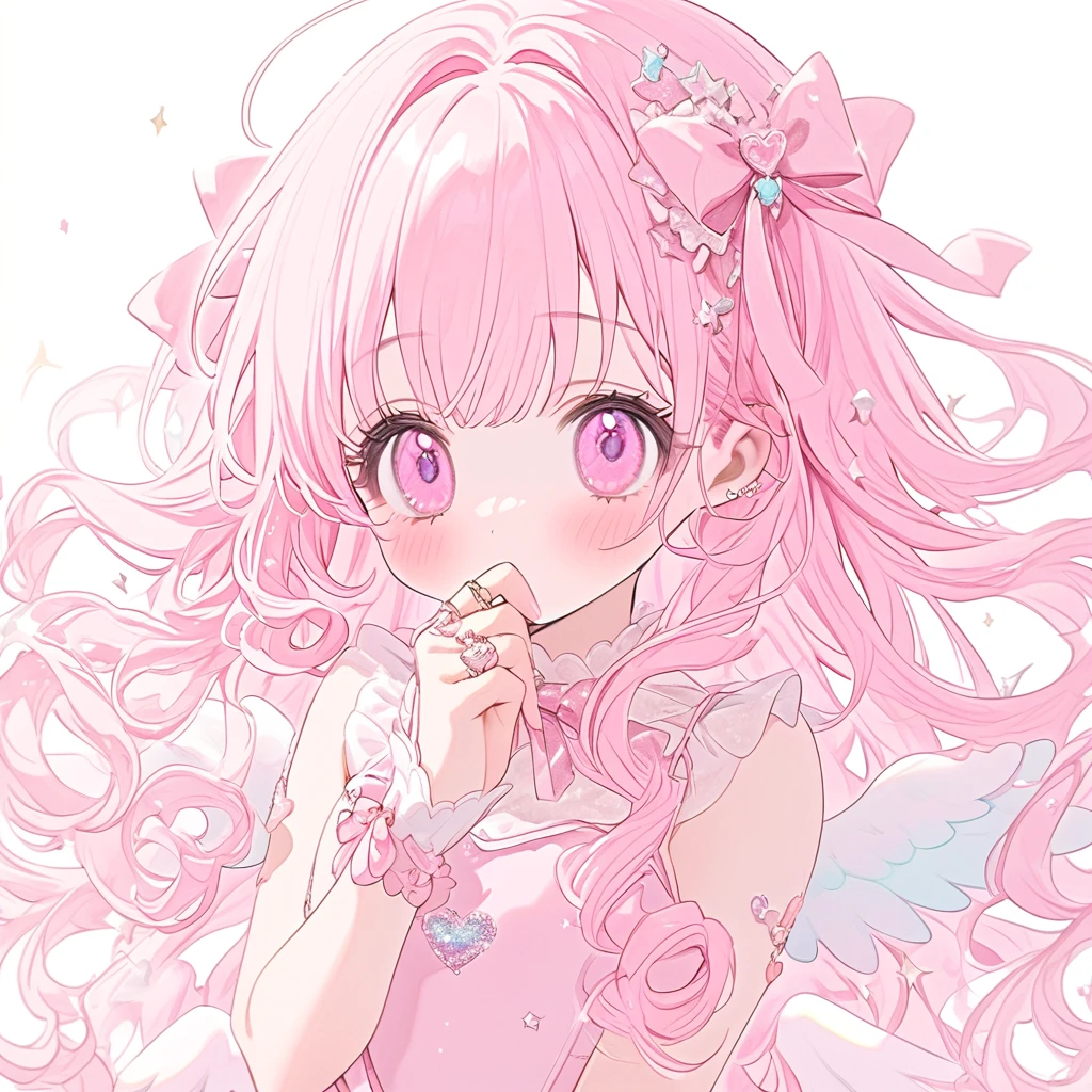 pastel pink Angel, pastel pink ribbon, pastel pink angel ring,pastel pink one-piece,pastel pink and angel wings, cute white background ,pastel pink long Curl hair,glitter pastel pink eyes