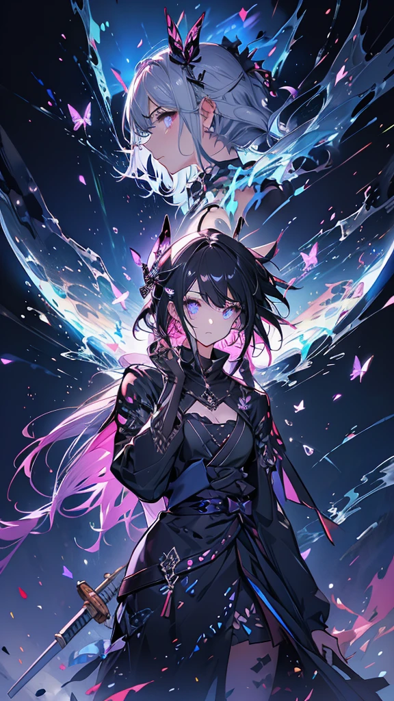 (White heir Shot heir Whole body)
((Girl Have a Sword))
Death Clothes Dress 
((Grim Reaper A Girl))
(((Black Butterfly On the Hand)))
Eyes color Neon Pink
Shiny earrings　Bathed in light  
Fire Aura
Catch the wind Ligh