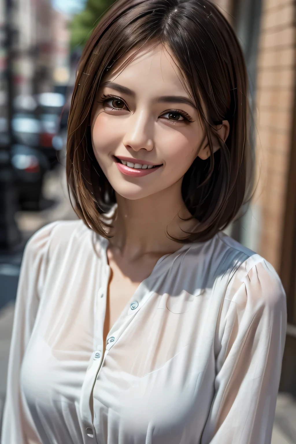 ((masterpiece)), ((Highest quality)), ((Complex)), ((Surreal)), (Realistic), (Mature Woman), ((There are no classes)), Very detailed, (1 female), Beautiful and exquisite, (Beautiful Teeth), Grin, Brunette Bob Hair, Brown eyes, ((blouse)), (Upper Body), (background:none), Perfect Eyes, Captivating eyes, Looking at the audience