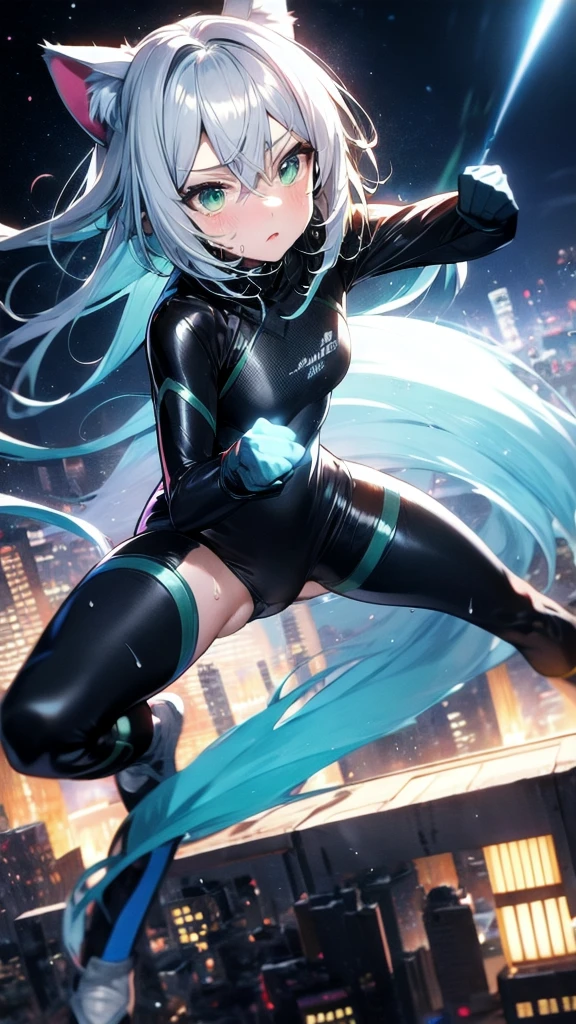 A silver-haired beautiful girl with cat ears eyes are green hair is silver and long clothes: a form-fitting black combat suit The fist is an afterimage The background is a city at night her is in a cat-like fighting pose The year is 14 years monitor, Dark Night, Sweat, Steam of Exhalation, Space, Battle, Dynamic Angle one girl