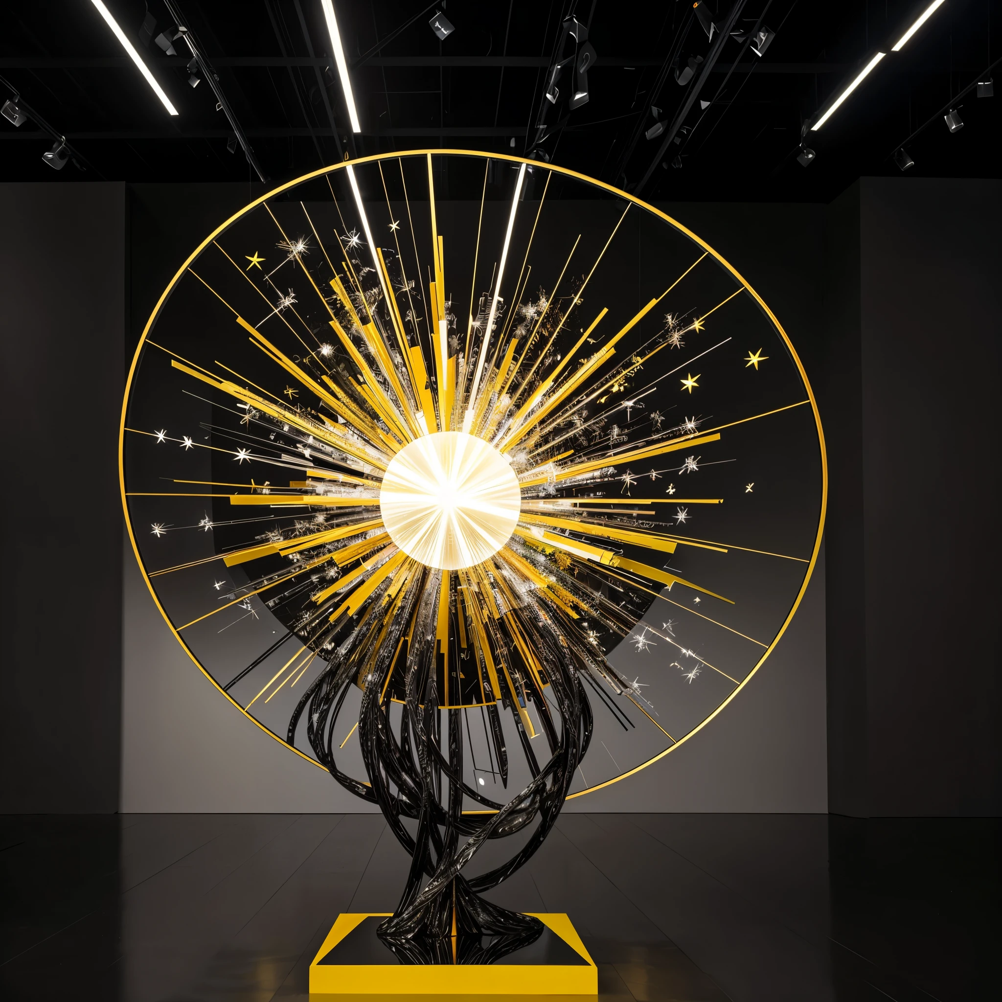 no human, abstract sculpture, contemporary art, designed as explosion of stars, plastic material, glossy metal material, intricate design, dynamic, futuristic, shiny surfaces, reflective, modern art, vibrant colors, complex structure, three-dimensional, artistic installation, gallery display, innovative design, yellow and black theme,