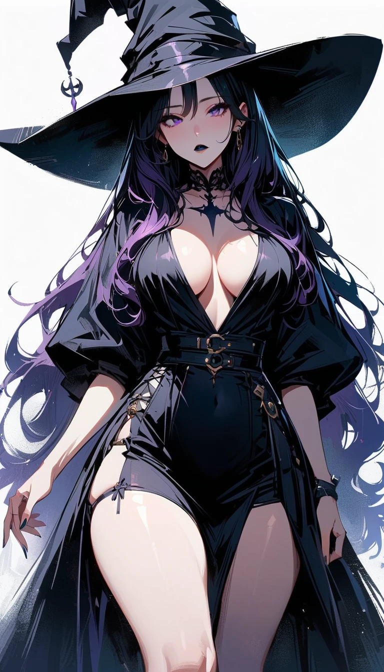 (high quality, 8k, 4K, high contrast, artwork:1.2, high quality, best aesthetics), (centered), ((1 woman)), erotic, sensual, mature body, super detailed, beautiful face detailed, beautiful eyes detailed, detailed beautiful mouth, perfect breats, perfect wide thighs, (long wavy dark purple hair), (dark purple eyes), (black lipstick), (serious expression), (piercing gaze), (looking at viewer), (black witch hat), (long black witch dress), (cleavage on breasts), (standing), (front view)