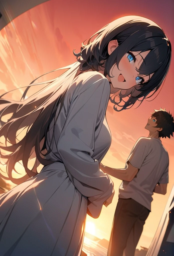 (couple), girl and boy, Gaze at the red sky at sunrise, rear view, 1boy, ((boy with blue eyes, short black curly hair)), 1girl elf, ((girl with blue eyes, vibrant white long hair)), intimate, rich in detail, happy expression, love, long shot, wide angle, (((masterpiece, best quality, aesthetic, heavenly)))