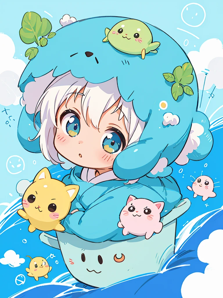 hayao miyazaki style, Kawaii Design, The most beautiful girl of all time、Chibi, Cute Alien、傘、雨