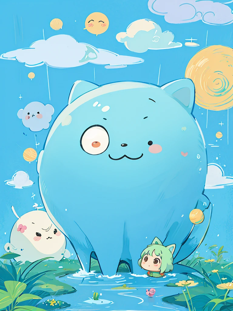 hayao miyazaki style, Kawaii Design, The most beautiful girl of all time、Chibi, Cute Alien、傘、雨