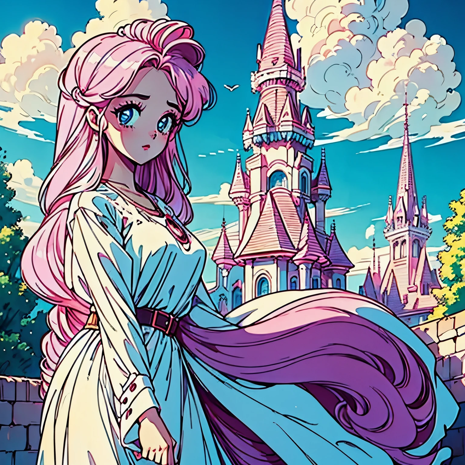 Beautiful girl with big pink eyes,best quality,Machine detailed,Blue sky and white clouds,HD quality,,Sunlight