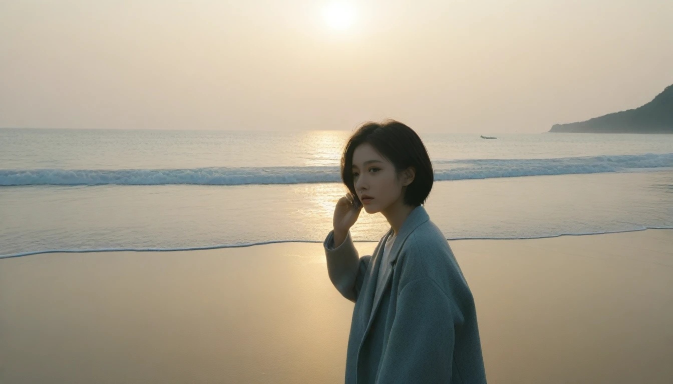8K, Vivid picture quality, long deserted beach, 멀리서 sun rise 뷰어, short hair that touches the shoulders and covers the neck, sun rise의 붉은 빛, sun rise, alone, afternoon, depressed, tide가 밀려온다, ocean, tide, wind, short korean girl, light coat, 잔잔한 tide,