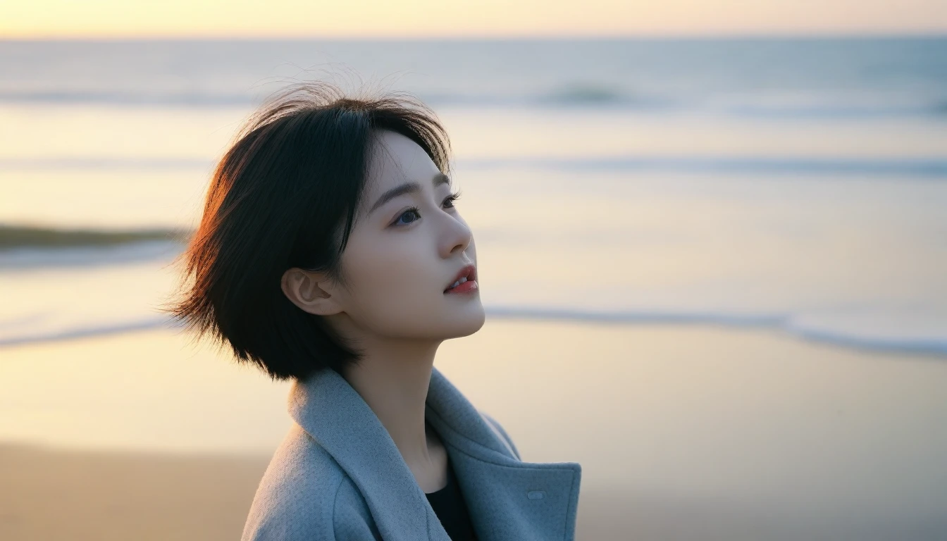 8K, Vivid picture quality, long deserted beach, 멀리서 sun rise 뷰어, short hair that touches the shoulders and covers the neck, sun rise의 붉은 빛, sun rise, alone, afternoon, depressed, tide가 밀려온다, ocean, tide, wind, short korean girl, light coat, 잔잔한 tide,