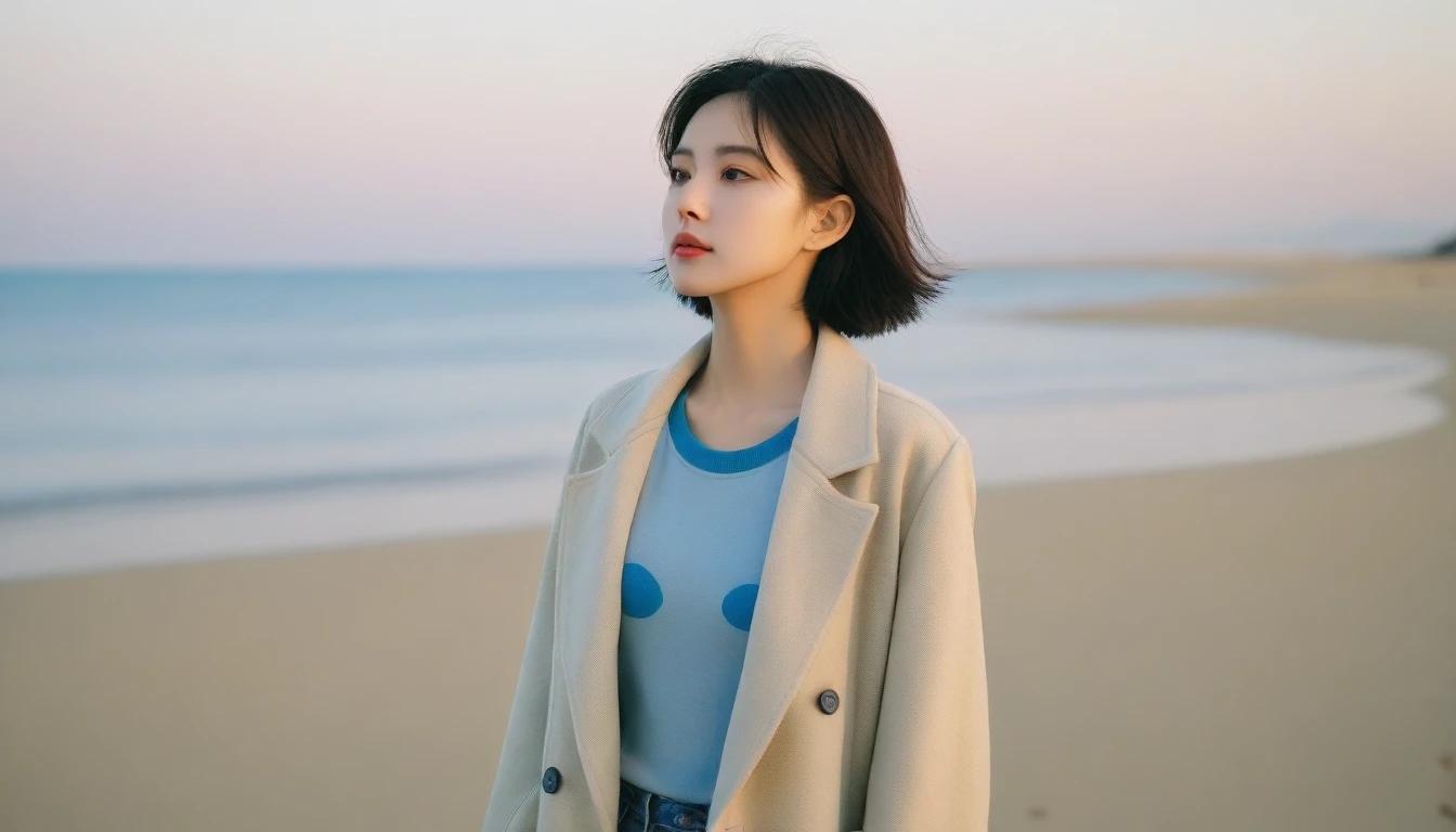 8K, Vivid picture quality, long deserted beach, 멀리서 sun rise 뷰어, short hair that touches the shoulders and covers the neck, sun rise의 붉은 빛, sun rise, alone, afternoon, depressed, tide가 밀려온다, ocean, tide, wind, short korean girl, light coat, 잔잔한 tide,