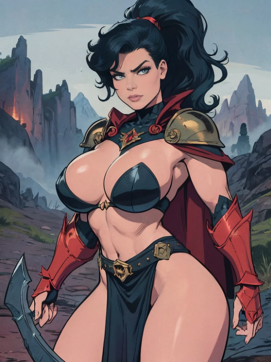 (masterpiece, top quality, best quality, official art, beautiful and aesthetic:1.2), (1girl:1.3), ((Sharp facial features, sharp features, hawkish features)), ((big hair, long black hair, ponytail)), big tiddy chaos warrior girl, extremely detailed, portrait, looking at viewer, solo, (full body:0.6), detailed background, full-body shot, (hot desert mountain theme:1.1), chaos warrior, (spiky helmet), charlatan, smirk, mysterious, swaying in mountains, armor, red metal, brass trim, long boots, dual axes, blood red fabric, pelvic curtain, loincloth, black leather, ((((armor, heavy armor, blood, armored, gigantic breasts, long legs, pelvic curtain, toned, muscular)))), cute belly button, toned tummy, slim waist, slim hips, long legs, medieval (mountain exterior:1.1) background, dark mysterious lighting, shadows, magical atmosphere, dutch angle
